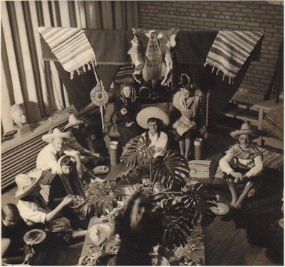 Party for the Wilsons' first trip to Mexico 1949 in Cleeve Horne's studio. From left to right: Marion Panton, Jean Horne, Tom Riley, Herb Palmer, Virginia Wilson, York Wilson, Lela Wilson, L.A.C. Panton